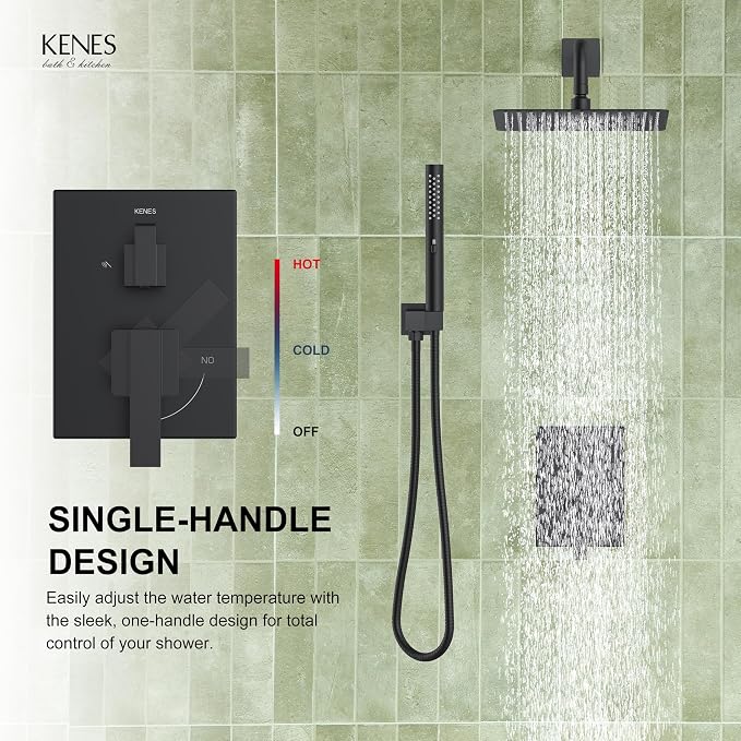 KENES Matte Black Rainfall Bathroom Shower System Rain Shower Head and Handle - Image 9
