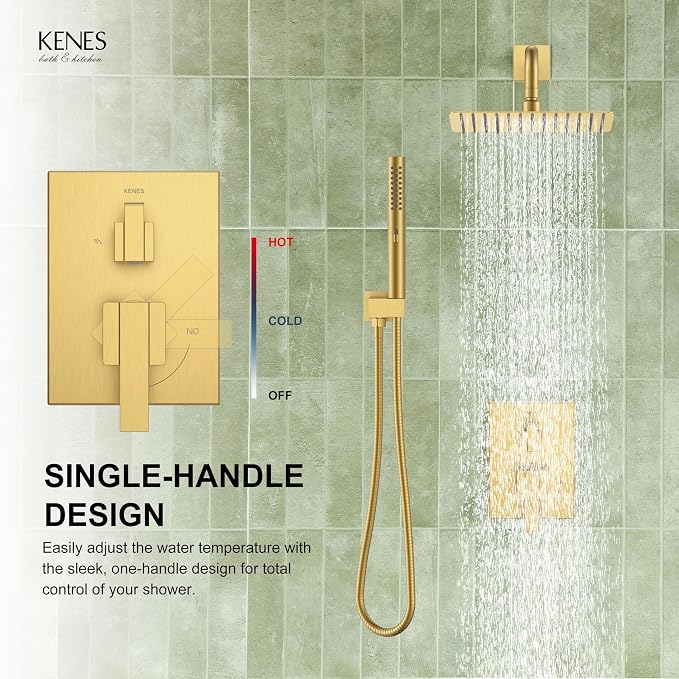 KENES Brushed Gold Rainfall Bathroom Shower System Rain Shower Head and Handle - Image 9