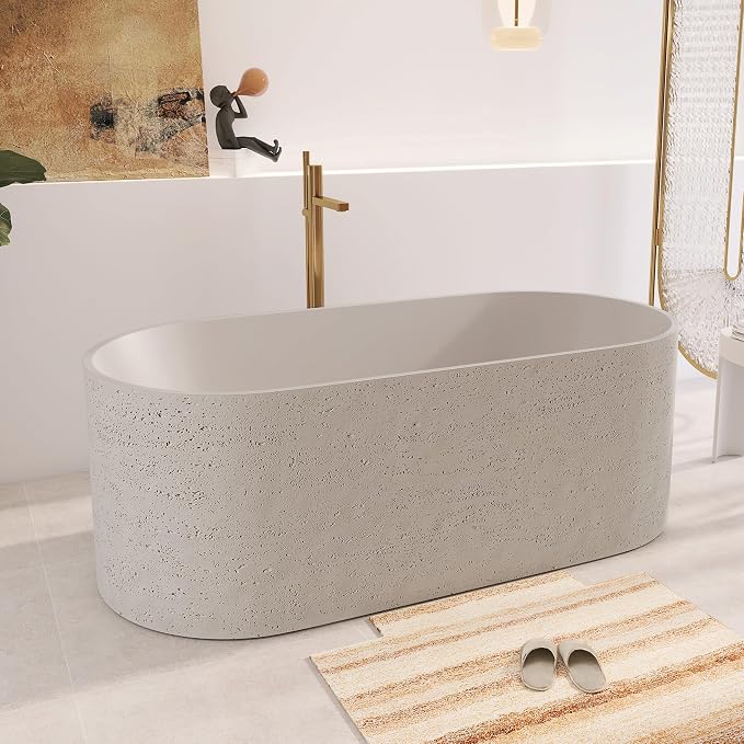 63" Premium Travertine Solid Surface Freestanding Bathtub, Unique Matte - Image 4