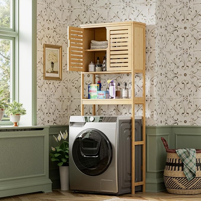 SMIBUY Bathroom Over The Toilet Storage Cabinet, 2 Door Bamboo Cabinet Organizer - Image 4