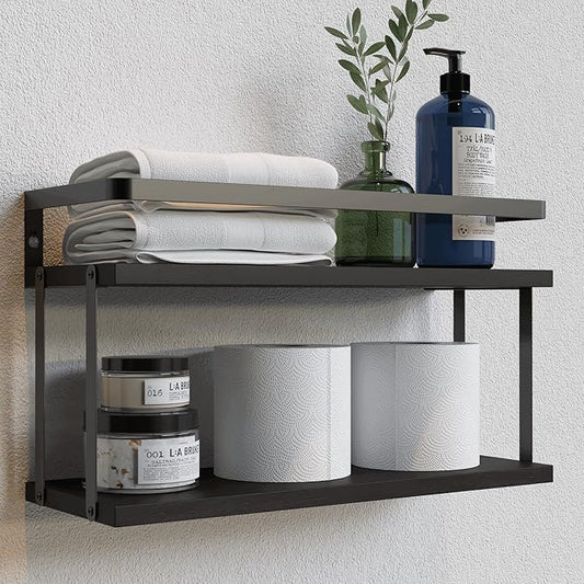 RICHER HOUSE Dual-Level Guardrail Floating Shelves, Rustic Wood Bathroom Shelf by RicherHouse