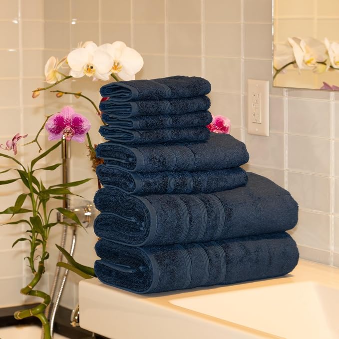 Mosobam Luxury Turkish 8pc Towel Set 30X58 16X30 13X13 Navy Blue 700 GSM Bamboo - Image 2