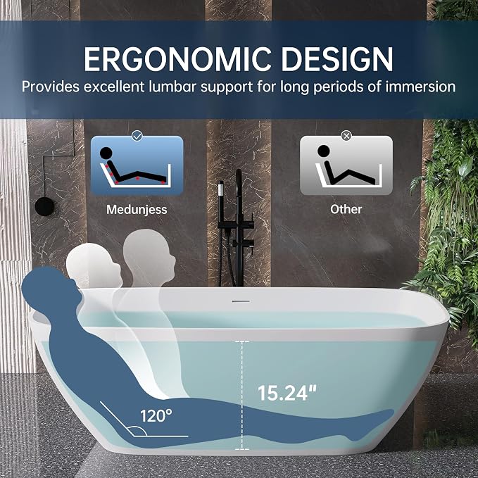 59'' Freestanding Bathtub Resin Stone Deep Soaking Tubs Solid Surface Matte Tub - Image 6