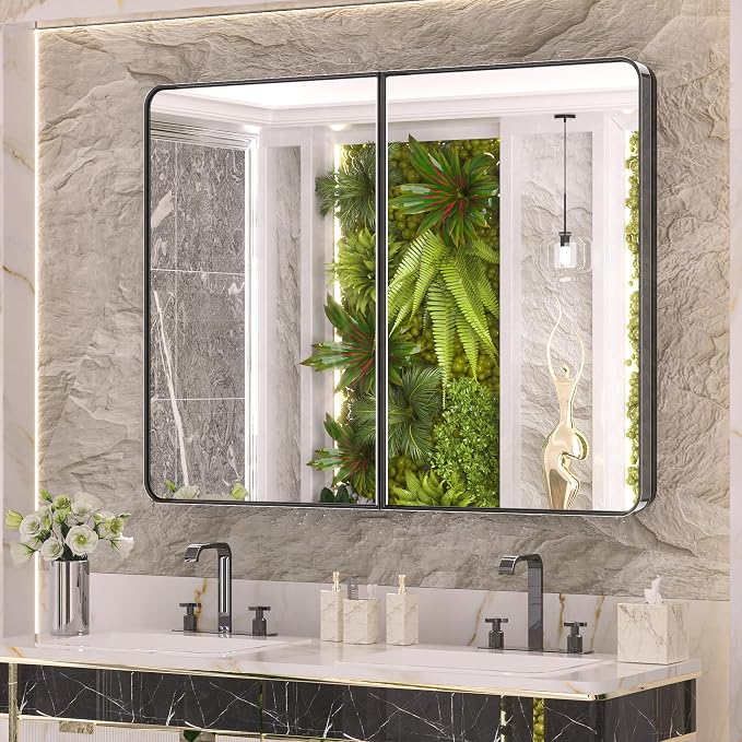 Keonjinn 40 x 32 Inch Large Black Medicine Cabinets, Recessed Bathroom Medicine by Keonjinn