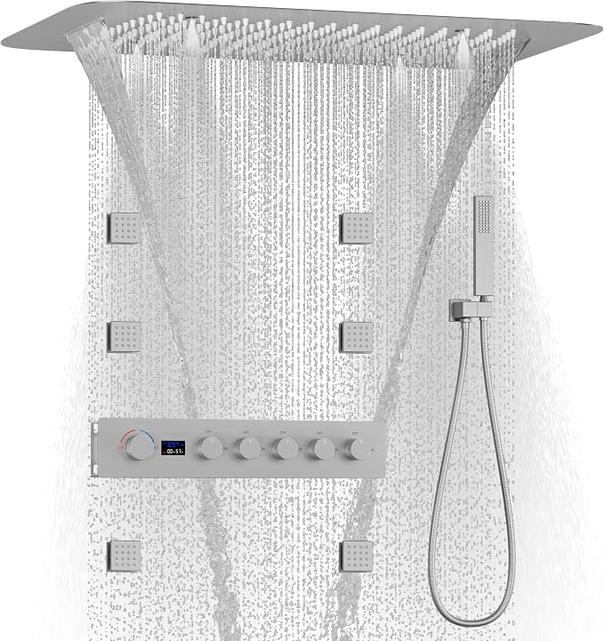 Brushed Nickel 16X24 inch Ceiling Mounted Shower Head Set, Digital Display by KATAIS