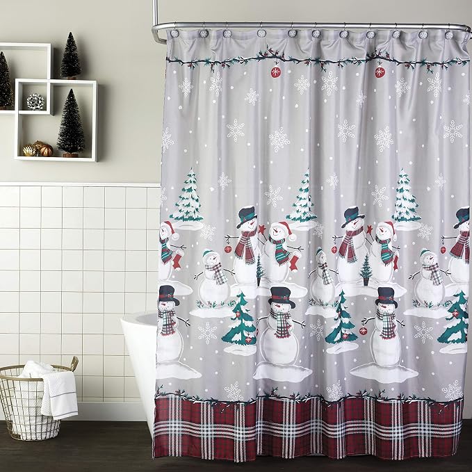 SKL Home Christmas/Winter Plaid Snowman Shower Curtain & 12pc Hook Set - Image 2