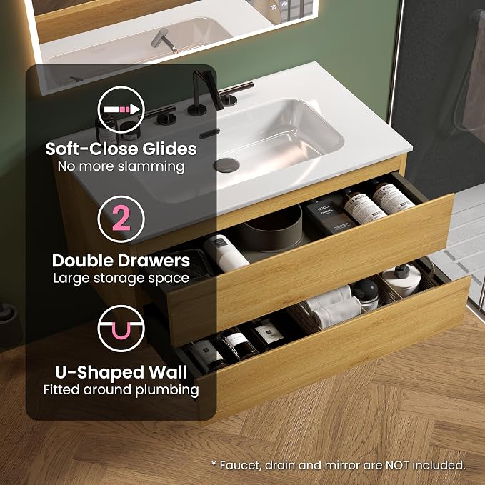 36" Bathroom Vanity with Sink, Modern Floating Vanity with Double Soft-Closing - Image 5