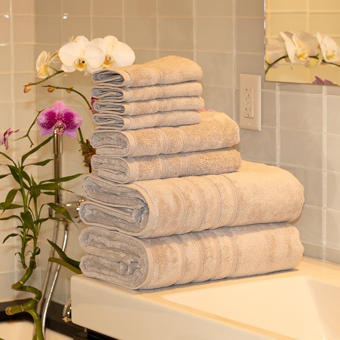 Mosobam Luxury Turkish 8pc XL Towel Set 35X70 16X30 13X13 Light Grey 700 GSM - Image 2