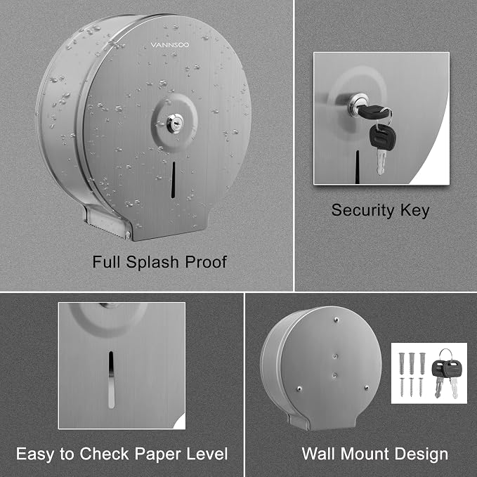 Commercial Jumbo Toilet Paper Dispenser, Wall Mount Stainless Steel 9 Inch Roll - Image 6