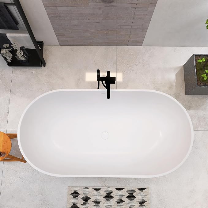 59 Inch Freestanding Bathtub Oval Shaped Solid Surface Resin Stone soaker - Image 9