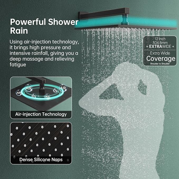 Hoimpro 12 Inch Shower Rain Head Shower System Faucet Set 2 in 1 Handheld - Image 4