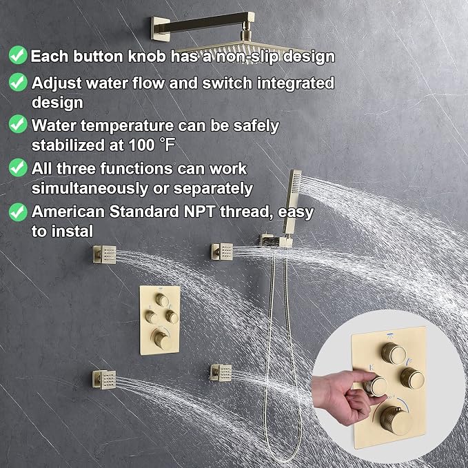 Modern Push Button 3 Way Thermostatic Shower Valve, Concealed 3 Outlet Multi - Image 3