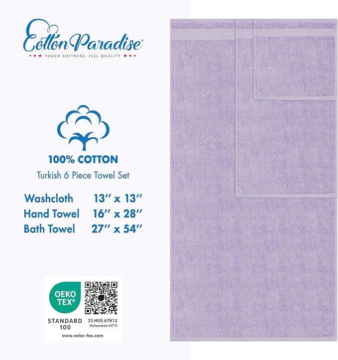 Cotton Paradise 6 Piece Towel Set, 100% Cotton Soft Absorbent Turkish Towels - Image 5