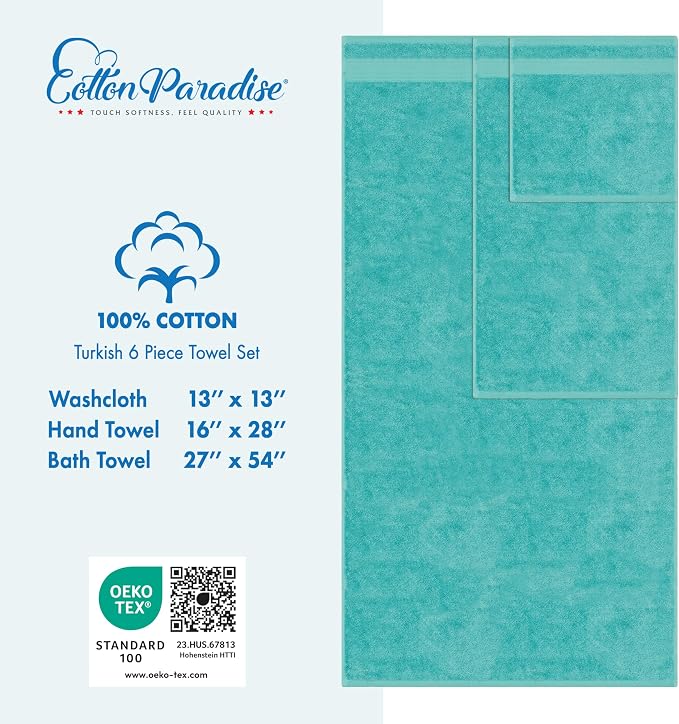 Cotton Paradise 6 Piece Towel Set 100% Cotton Soft Absorbent Turkish Towels - Image 5
