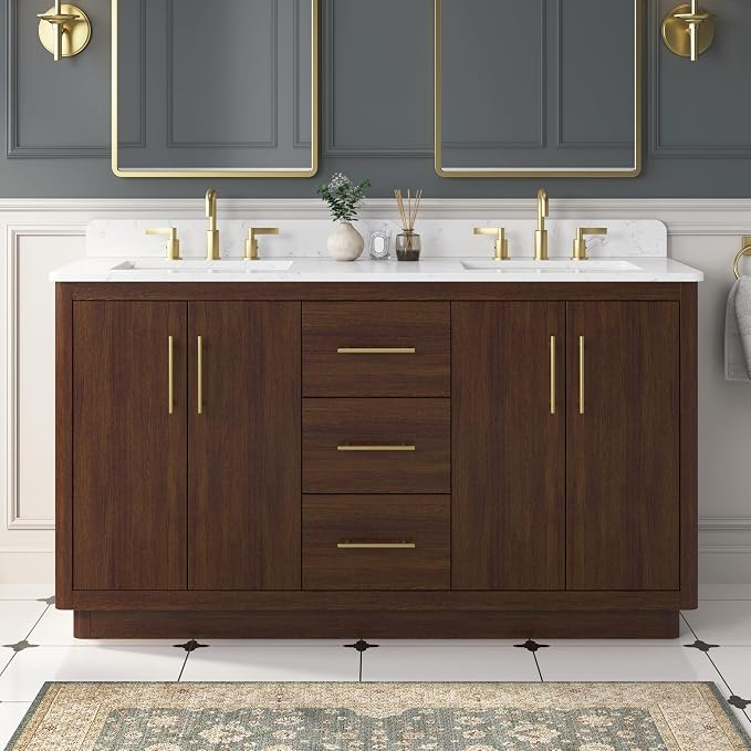60 Inch Bathroom Vanity with Double Sink, Solid Wood Frame with Engineered by DELUXELIVING