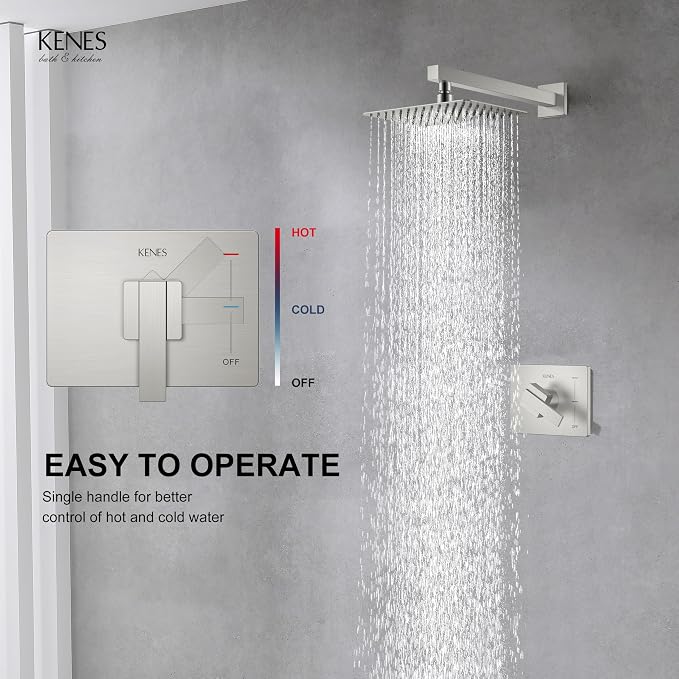 KENES Brushed Nickel 10-Inch Shower Head and Handle Set, Square Shower Faucet - Image 4