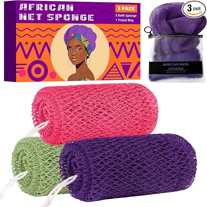 African Net Sponge Authentic, 3 Pieces Exfoliating Scrubber Bath Sponge by BHYTAKI