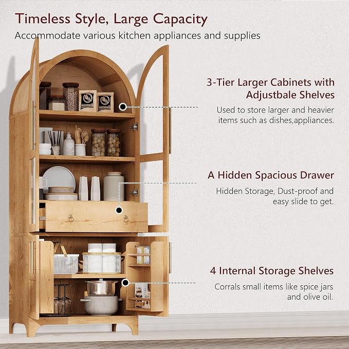71" Tall Arched Kitchen Pantry, Mid-Century Pantry Cabinet - Image 4