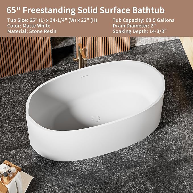 Abruzzo 65" Matte White Freestanding Solid Surface Bathtub, Stone Resin - Image 6