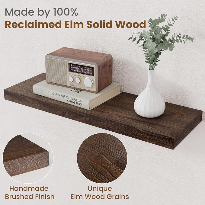 Floating Shelves for Wall Decor, 8 Inch Deep Rustic Solid Elm Wood Floating - Image 3