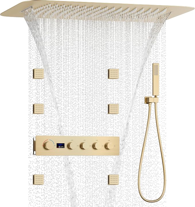 Brushed Gold 16X24 inch Ceiling Mounted Rain Shower Head System, Digital by KATAIS