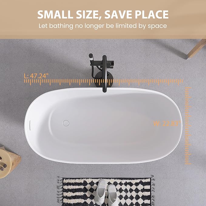 SJ STAR&JANE 47" Solid Surface Freestanding Bathtub Modern Stone Resin Oval - Image 3