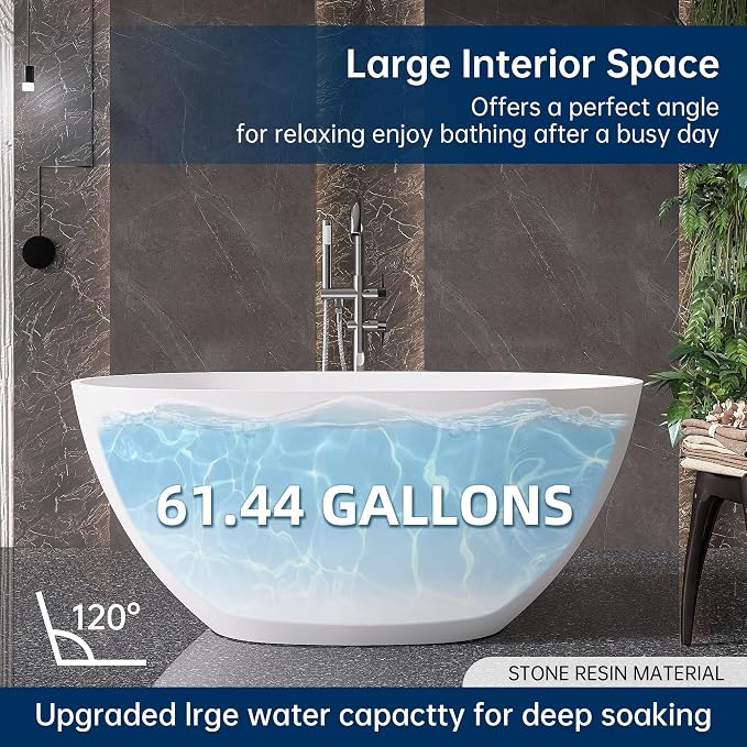 51" Stone Resin Freestanding Bathtub, Modern Oval Solid Surface Soaking Tub - Image 8