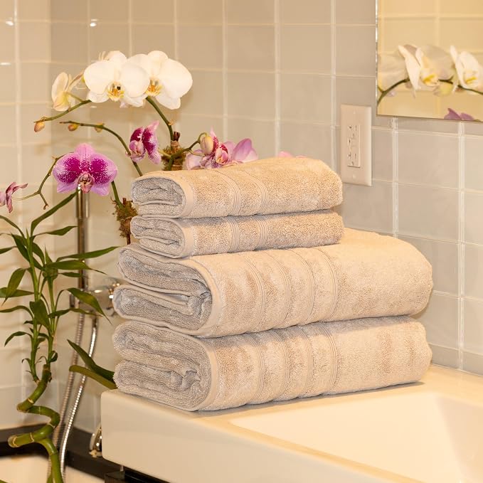 Mosobam Luxury Turkish 4pc XL Towel Set 35X70 16X30 Light Grey Oversize 700 GSM - Image 2