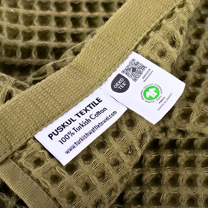 PÜSKÜL Organic Waffle Kitchen Towel 100% Turkish Cotton Set of 3 Khakie Green - Image 3
