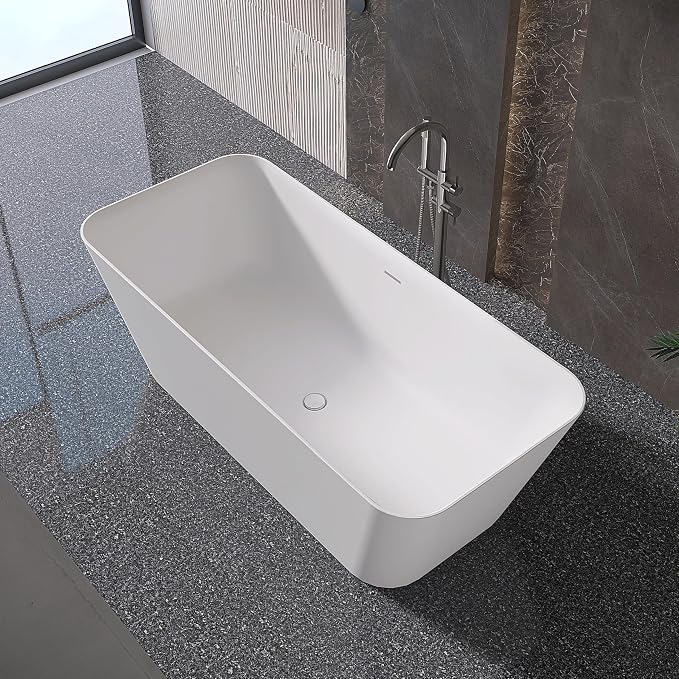 Stone Resin Freestanding Bathtub 67 ", Elegant Oval Shape Soaking Tub, Solid - Image 2