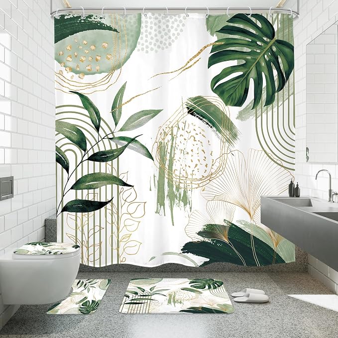 4 PCS Sage Green Boho Shower Curtain Set 72Wx72H, Non-Slip Bath Rug Toilet Lid by MitpokBrand