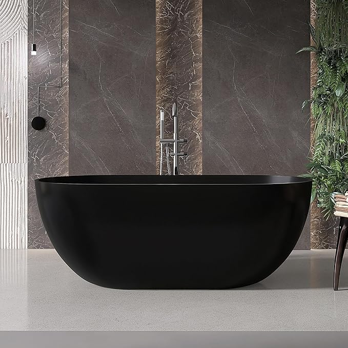59'' Resin Stone Freestanding Bathtub, Matte Black Soaking Tub Solid Surface by MEDUNJESS