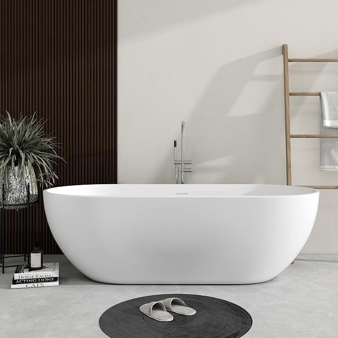 SJ STAR&JANE 69" Solid Surface Freestanding Bathtub, Matte White Oval Stone - Image 2