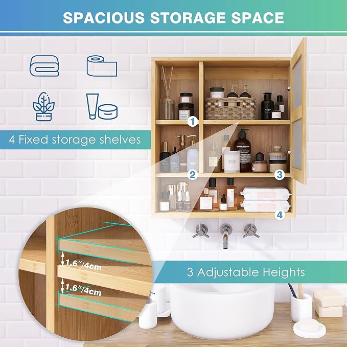 SMIBUY Bathroom Mirror Cabinet Wall Mounted, Bamboo Space Saver Medicine Cabinet - Image 7