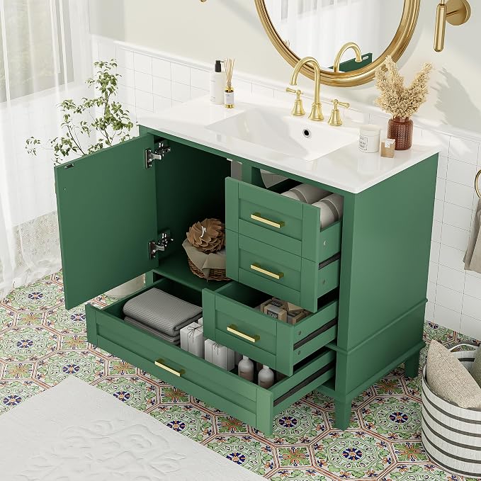 36" Bathroom Vanity with Solid Pine Frame, 1 Soft Close Door and 3 Drawers by THINK30