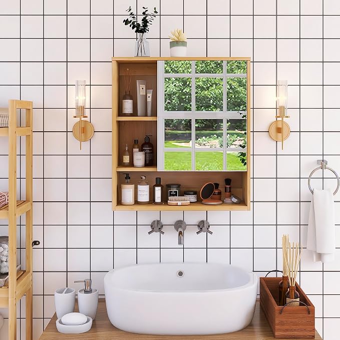 SMIBUY Bathroom Mirror Cabinet Wall Mounted, Bamboo Space Saver Medicine Cabinet - Image 2