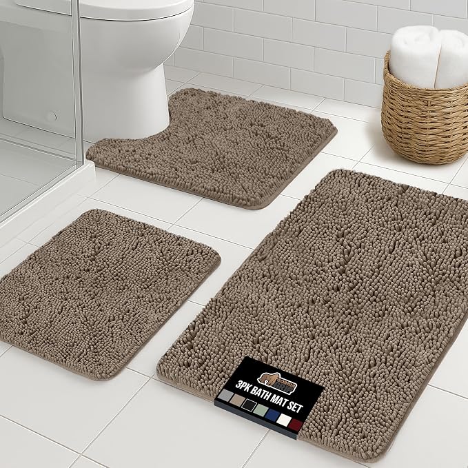 GORILLA GRIP Bathroom Rug Sets 3 Piece, Bath Mat Set and Oval Toilet Base by GorillaGrip