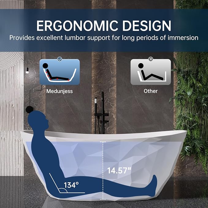 64'' Stone Resin Solid Surface Freestanding Bathtub, Modern Elegant Design - Image 7