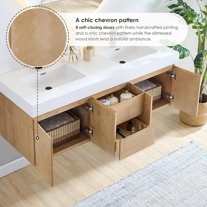 60 Inch Floating Sink Bathroom Vanity Wall Mount Double Vanities Overflow - Image 5