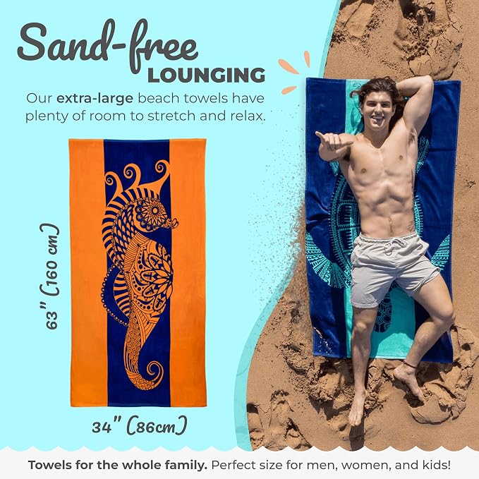 Nova Blue Seahorse Beach Towel – Blue and Orange - Image 3