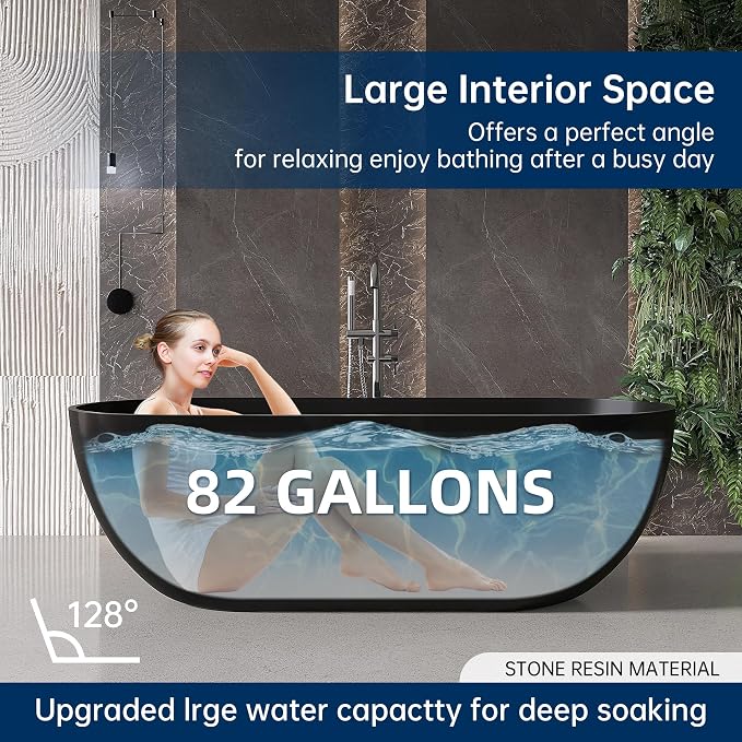 69" Stone Resin Freestanding Bathtub, Oval Solid Surface Bathroom Freestanding - Image 2