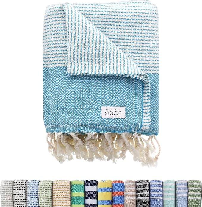 Oversized Turkish Beach Towel, Diamond Dobby Aqua by CapeComforts