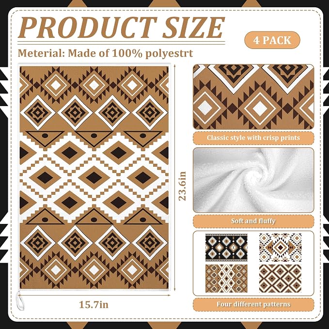 Set of 4 Western Aztec Kitchen Towels Vintage Themed Dish Towel Bathroom - Image 2
