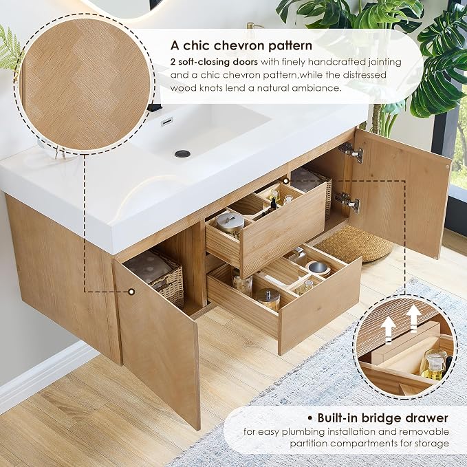 48 Inch Floating Sink Bathroom Vanity Wall Mount Single Vanities Overflow - Image 5