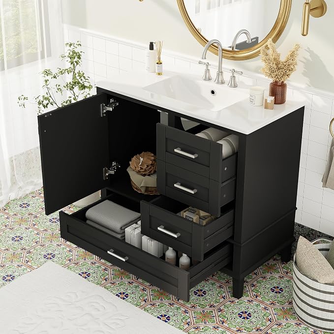 36" Bathroom Vanity with Solid Pine Frame, 1 Soft Close Door and 3 Drawers by THINK30