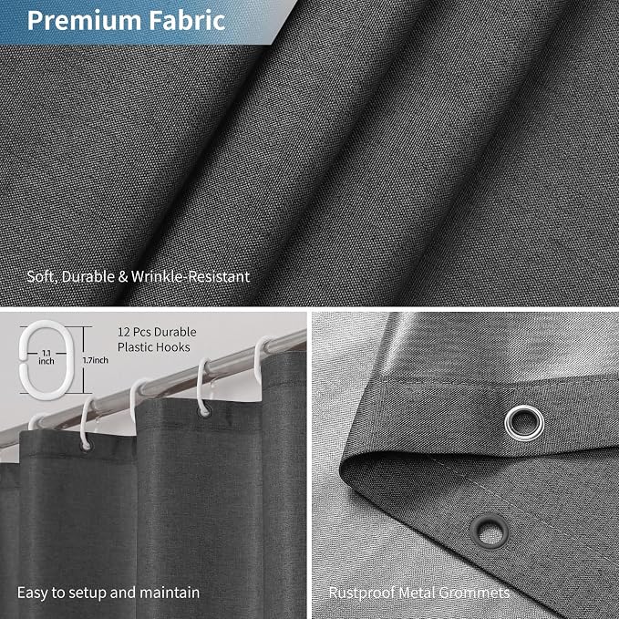 2-in-1 Waterproof Long Fabric Shower Curtain or Liner, Linen Textured, 78 Inch - Image 6