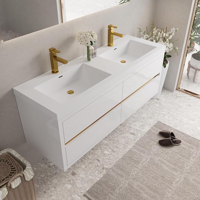 60" Wall-Mounted Bathroom Vanity, Double Sink Floating Cabinet - Image 8