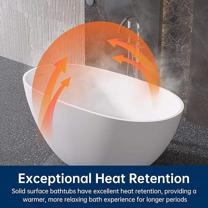 51" Stone Resin Freestanding Bathtub, Modern Oval Solid Surface Soaking Tub - Image 3