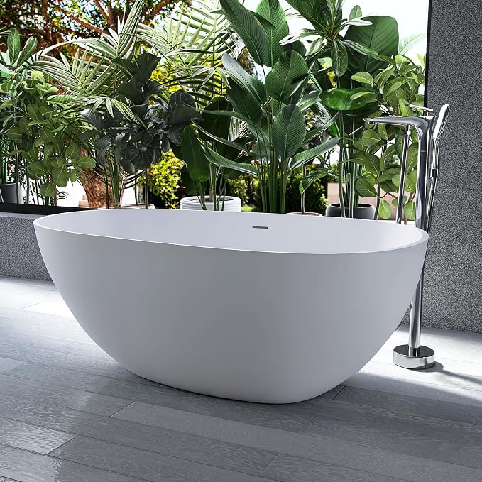 59" Stone Resin Freestanding Bathtub, Oval Solid Surface Bathroom Freestanding - Image 3