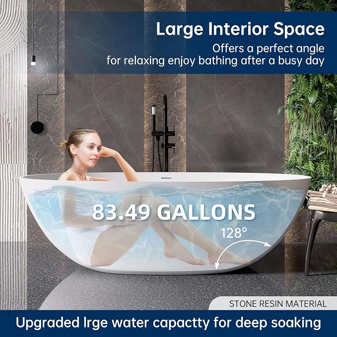 71'' Resin Stone Soaking Bathtub Freestanding Bathtub Solid Surface Modern Tubs - Image 9